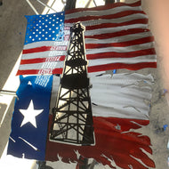24" x  24"Metal U.S. American / Texas flags with oil derrick Dragonslayer Industries LLC.